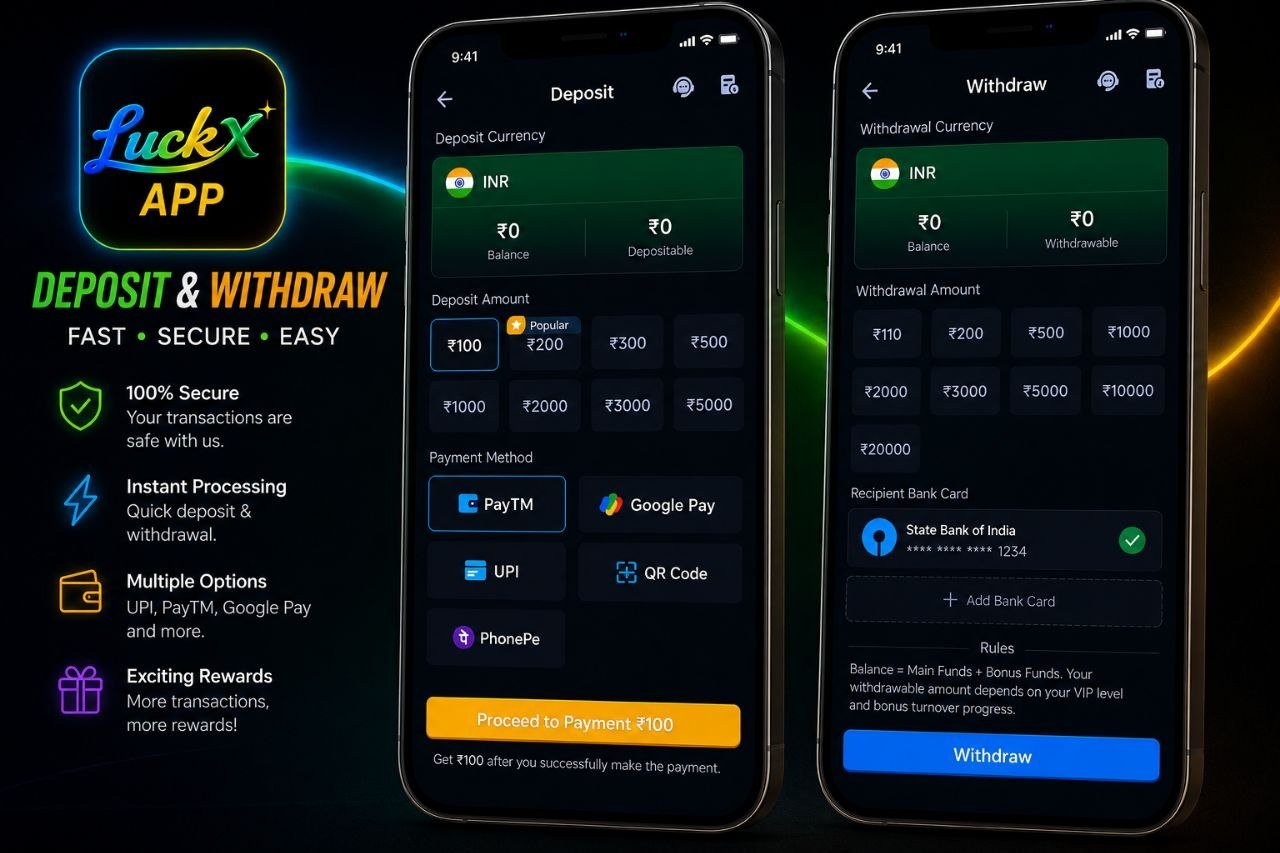 LUCKX App deposit and withdrawal page showing UPI, Paytm, Google Pay, PhonePe, and secure payment options.