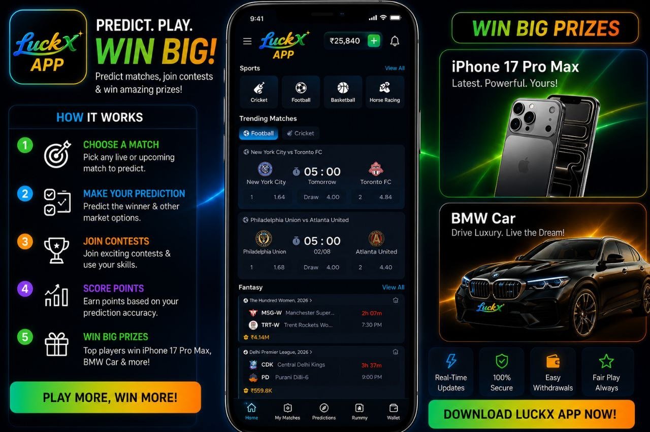 LUCKX App download screen with gaming features, bonuses, and sports entertainment options.