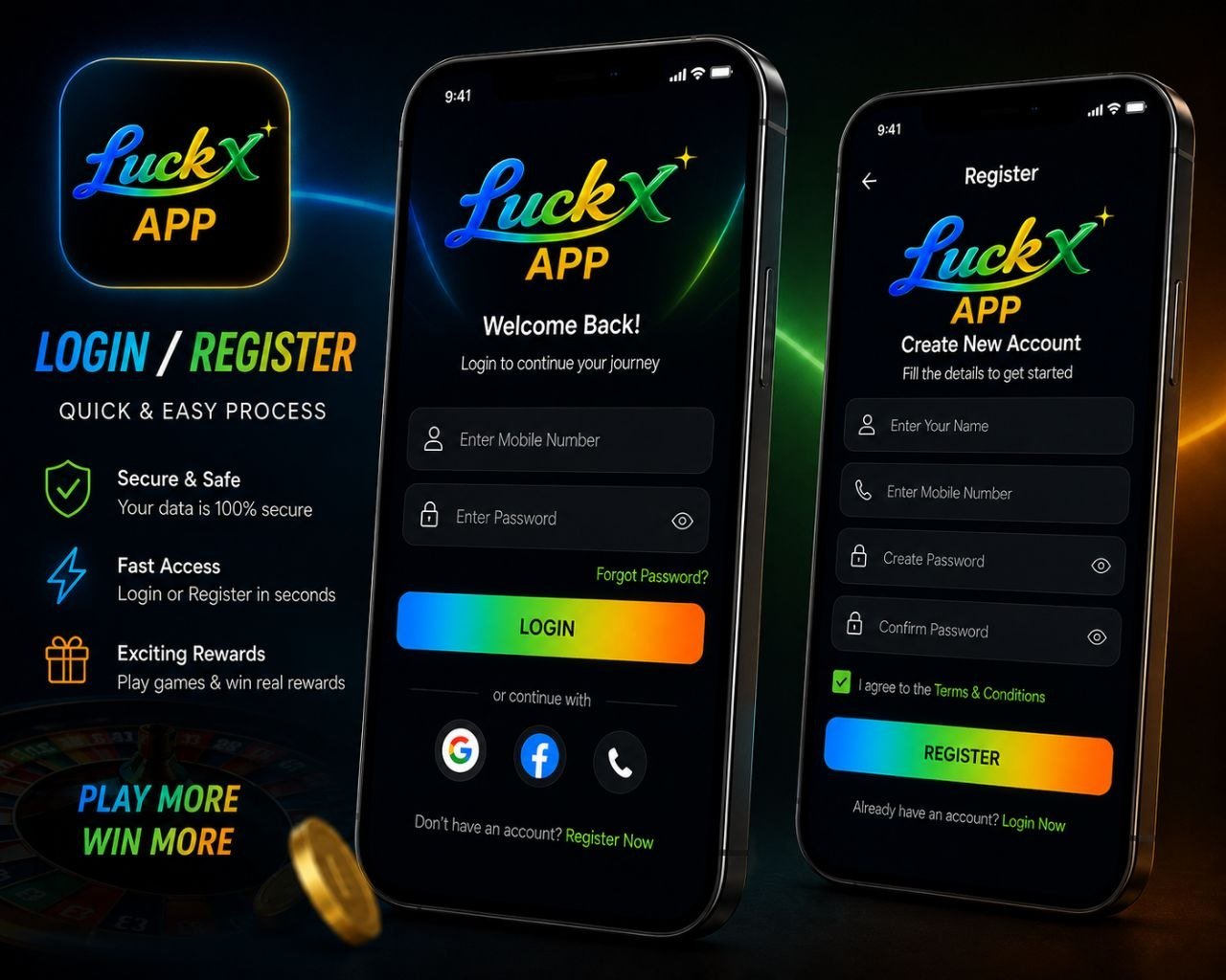 LUCKX Apk login and registration screen showing secure account access and quick sign-up process.