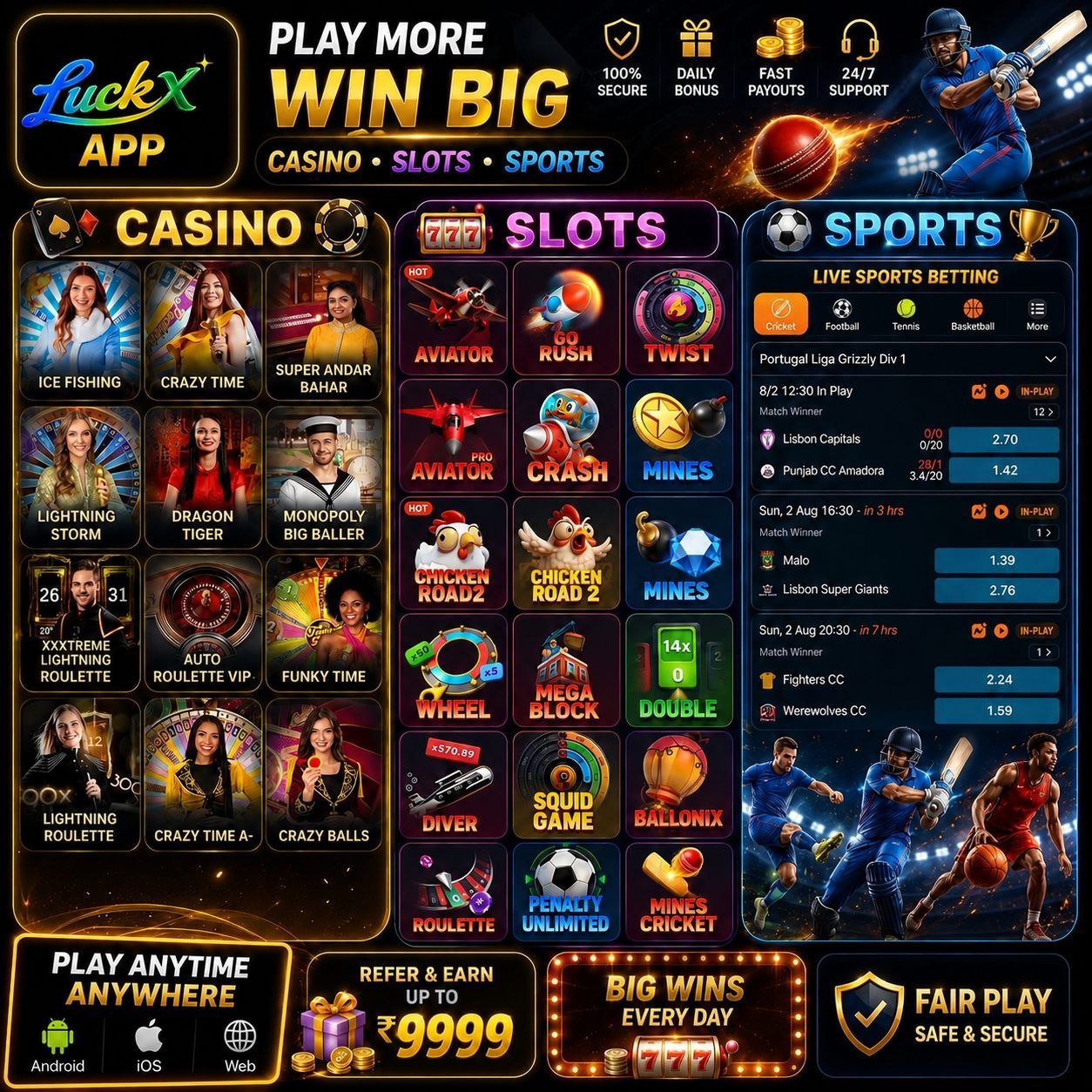 LUCKX App gaming dashboard featuring casino games, slot games, sports betting, cricket matches, bonuses, and rewards.